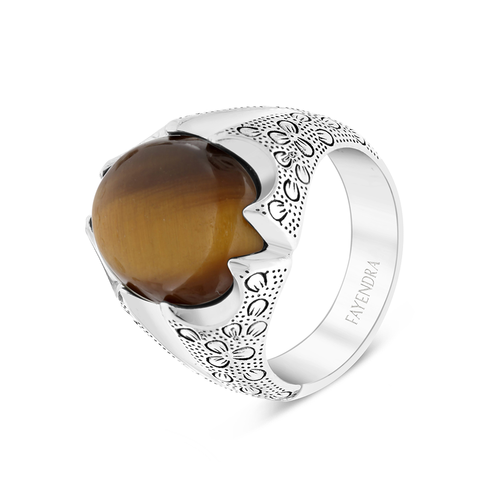 Sterling Silver 925 Ring Rhodium Plated Embedded With Yellow Tiger Eye For Men