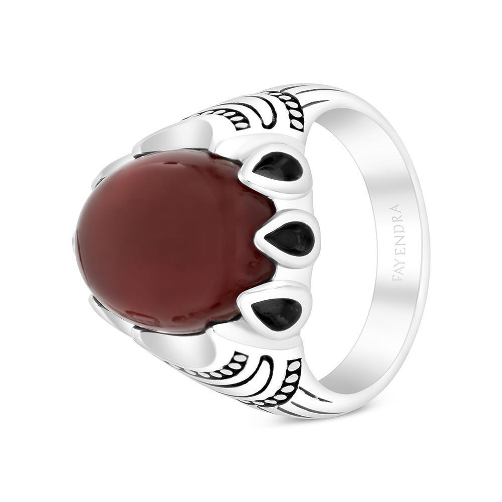 Sterling Silver 925 Ring Rhodium Plated Embedded With Red Natural Aqiq For Men