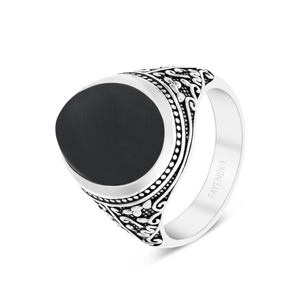 Sterling Silver 925 Ring Rhodium Plated Embedded With Black Agate For Men