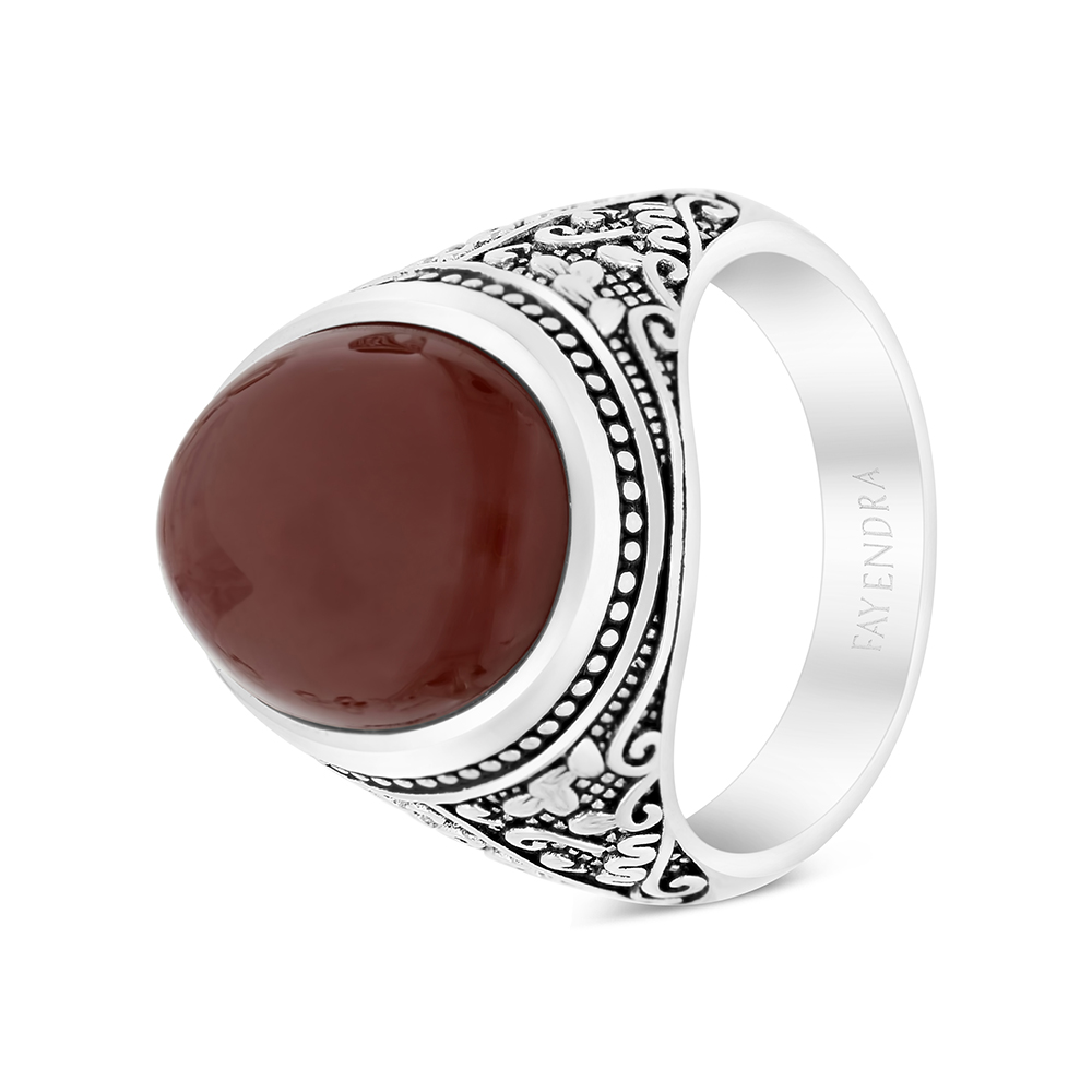Sterling Silver 925 Ring Rhodium Plated Embedded With Red Natural Aqiq For Men 