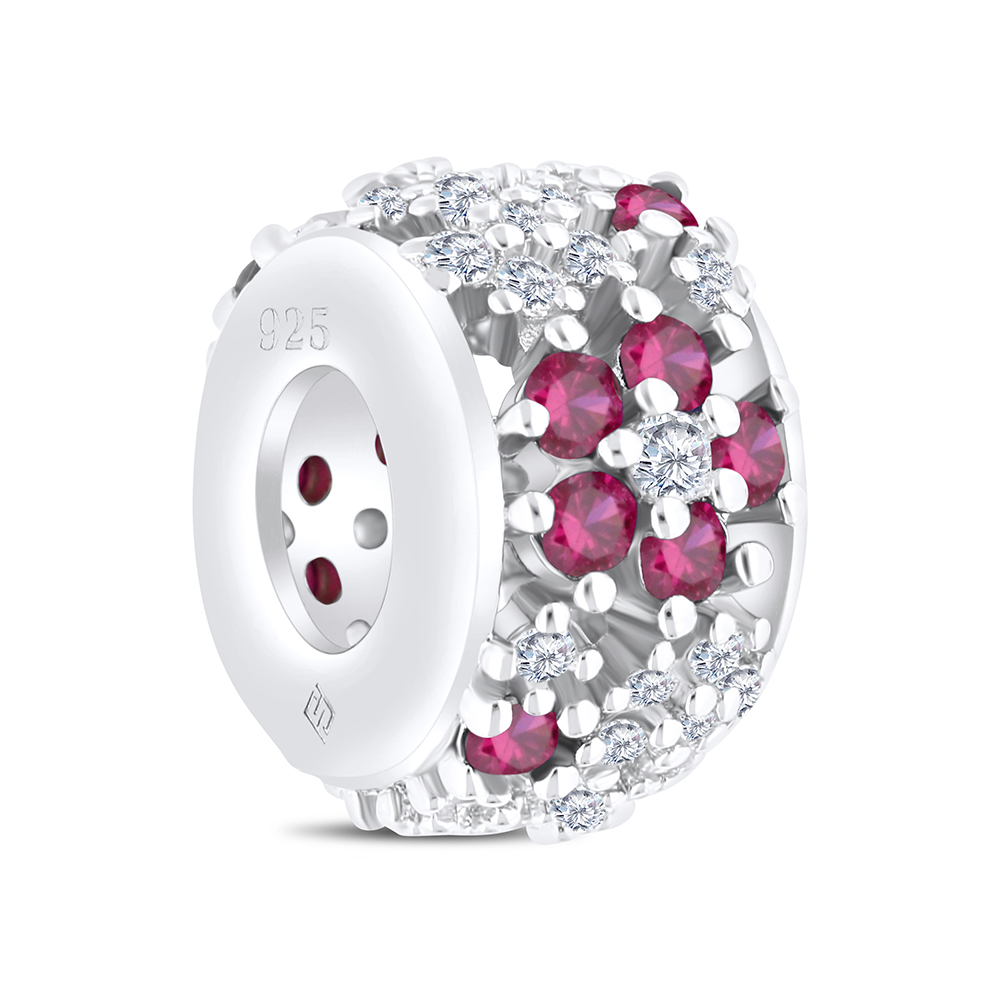 Sterling Silver 925 CHARM Rhodium Plated Embedded With Ruby Corundum And White CZ