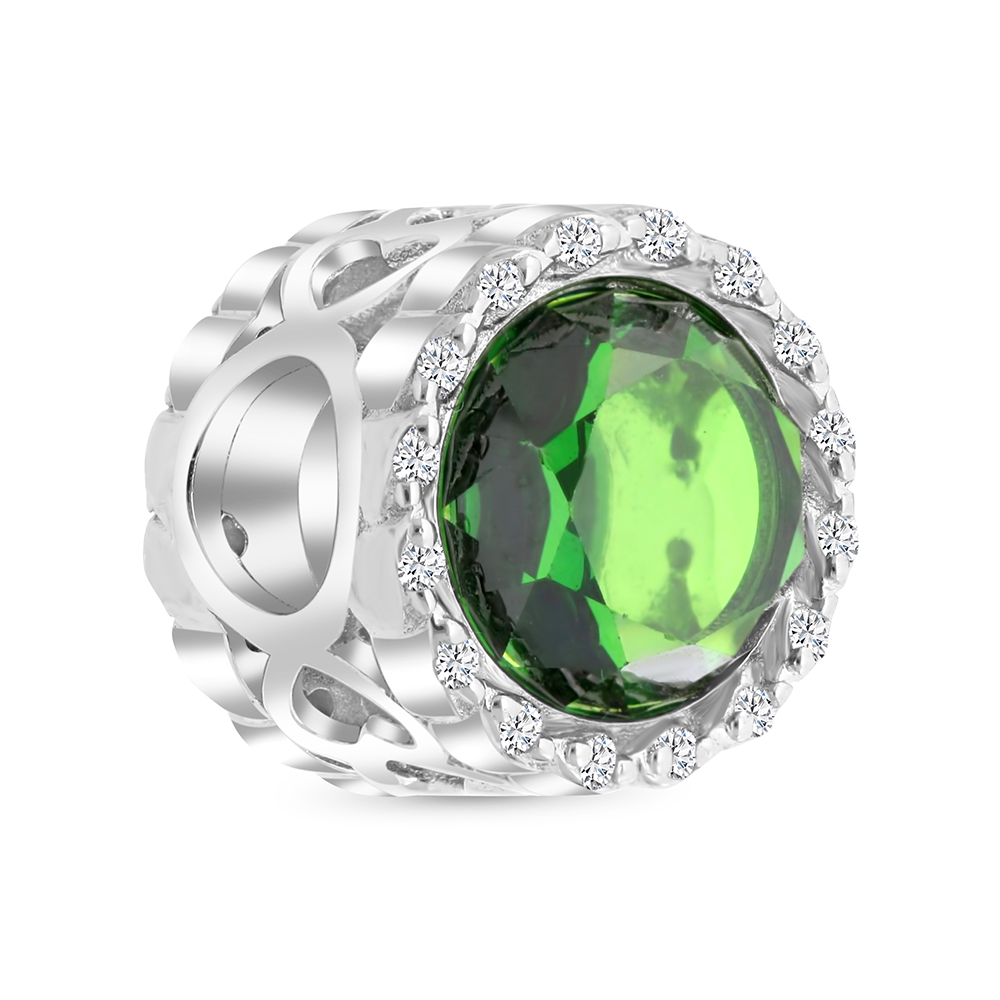 Sterling Silver 925 CHARM Rhodium Plated Embedded With Emerald And White CZ