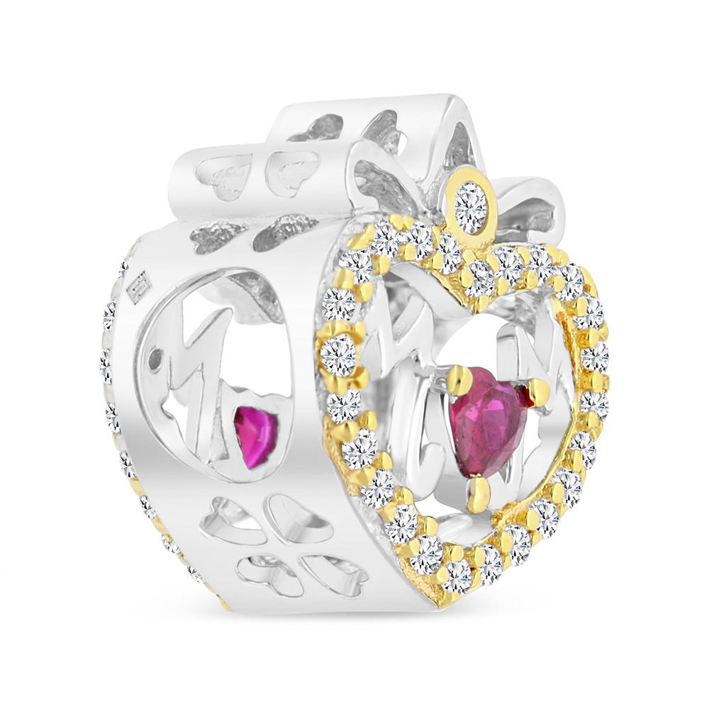 Sterling Silver 925 CHARM Rhodium And Gold Plated Embedded With Ruby Corundum And White CZ