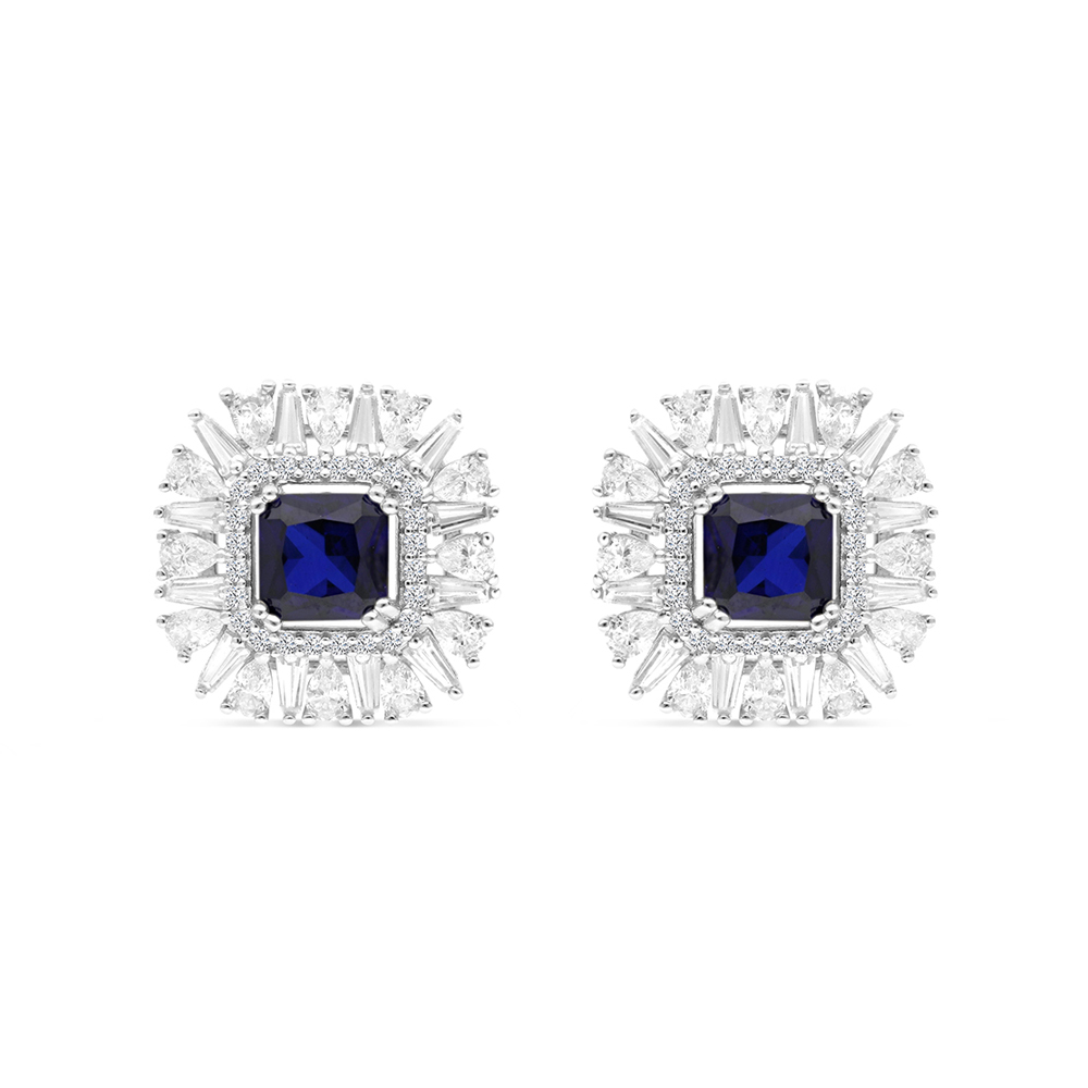 Sterling Silver 925 Earring Rhodium Plated Embedded With Sapphire Corundum And White CZ
