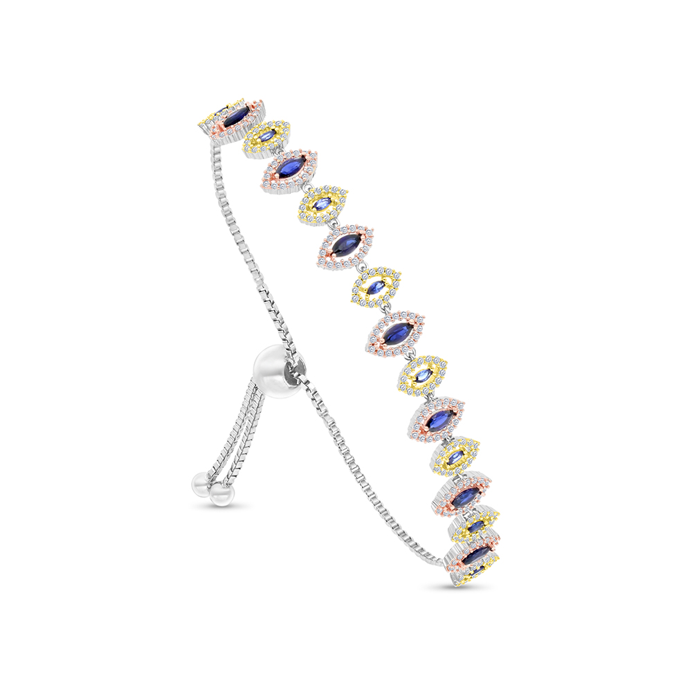 Sterling Silver 925 Bracelet Rhodium And Gold And Rose Gold Plated Embedded With Sapphire Corundum And White CZ