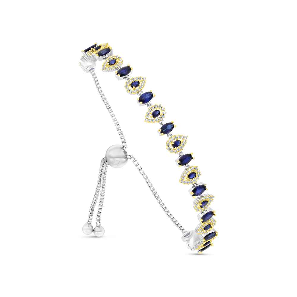 Sterling Silver 925 Bracelet Rhodium And Gold Plated Embedded With Sapphire CorundumAnd White CZ