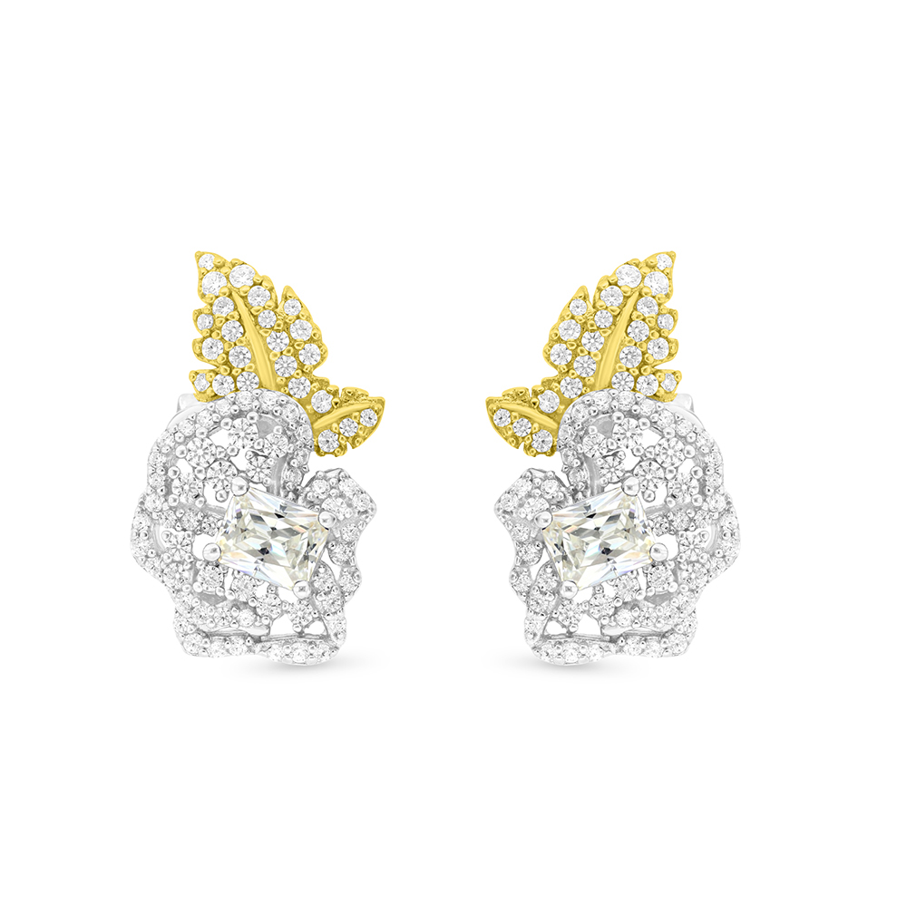 Sterling Silver 925 Earring Rhodium And Gold Plated Embedded With Yellow Zircon And White CZ