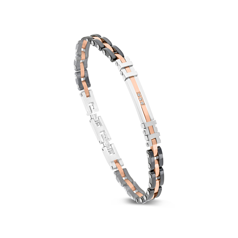 Stainless Steel 316L Bracelet, Rhodium And Black And  Rose Gold Plated And Ceramic For Men's Embedded With White CZ