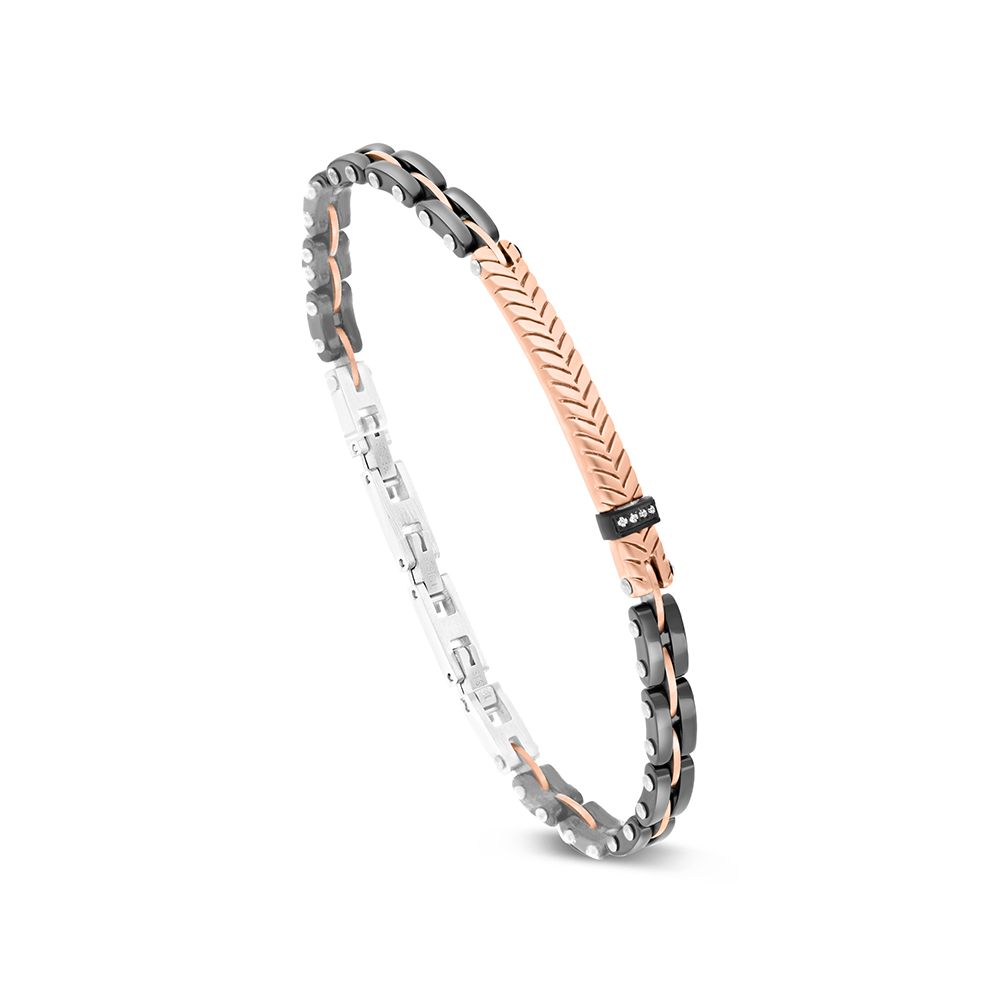 Stainless Steel Bracelet, Rhodium And Black And Rose Gold Plated And Ceramic For Men Embedded With White CZ 316L
