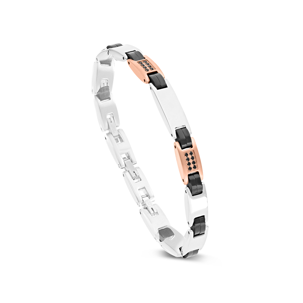 Stainless Steel 316L Bracelet, Rhodium And Black And  Rose Gold Plated For Men's Embedded With Black CZ Carbon Fiber