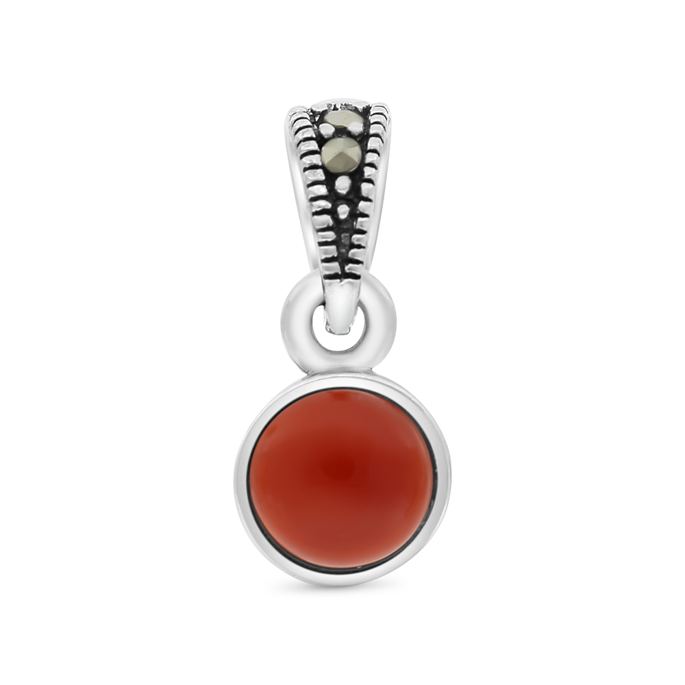 Sterling Silver 925 Pendant Embedded With Natural Aqiq And Marcasite Stones