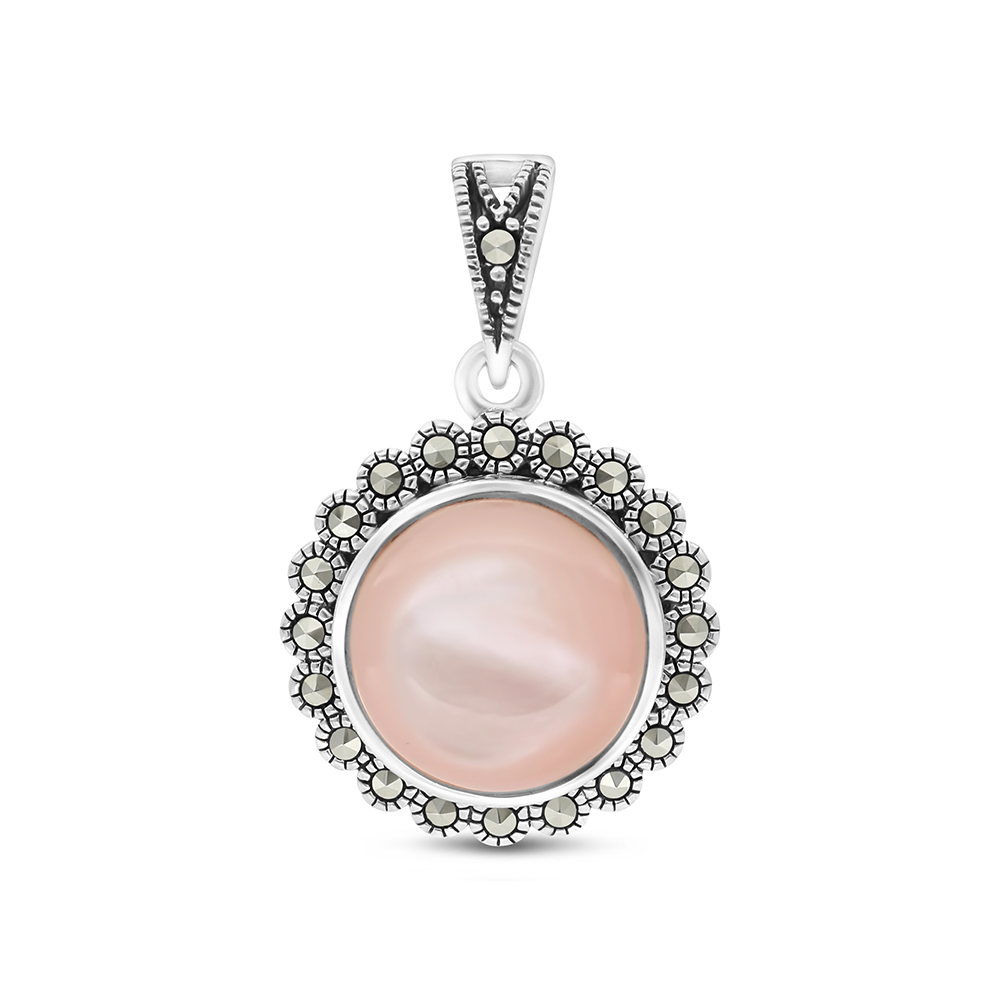 Sterling Silver 925 Pendant Embedded With Natural Pink Shell And Marcasite Stones