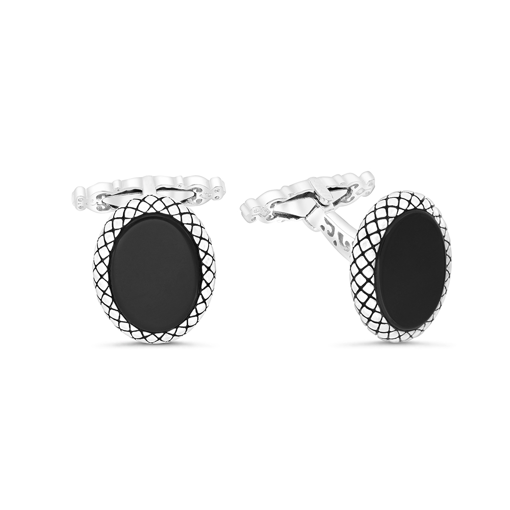 Sterling Silver 925 Cufflink Rhodium And Black Plated Embedded With Black Agate