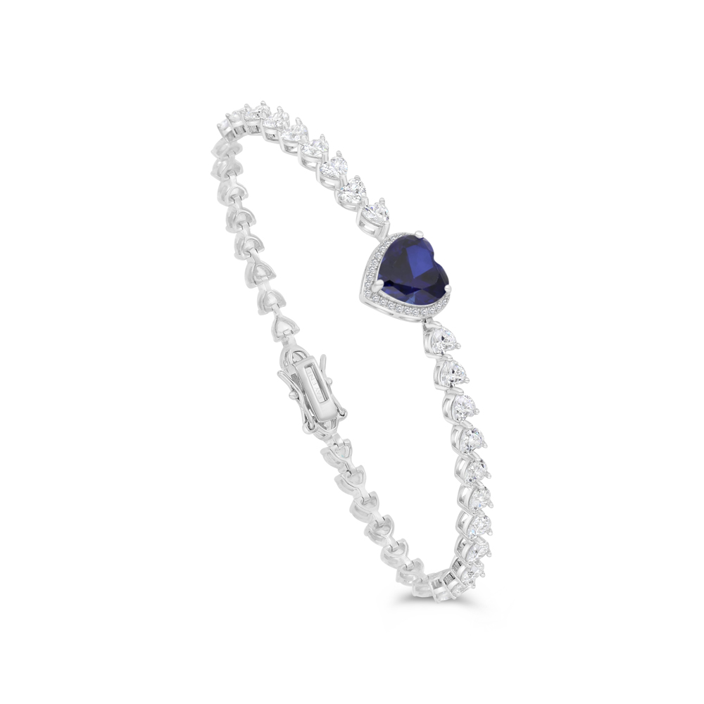 Sterling Silver 925 Bracelet Rhodium Plated Embedded With Sapphire Corundum And White CZ