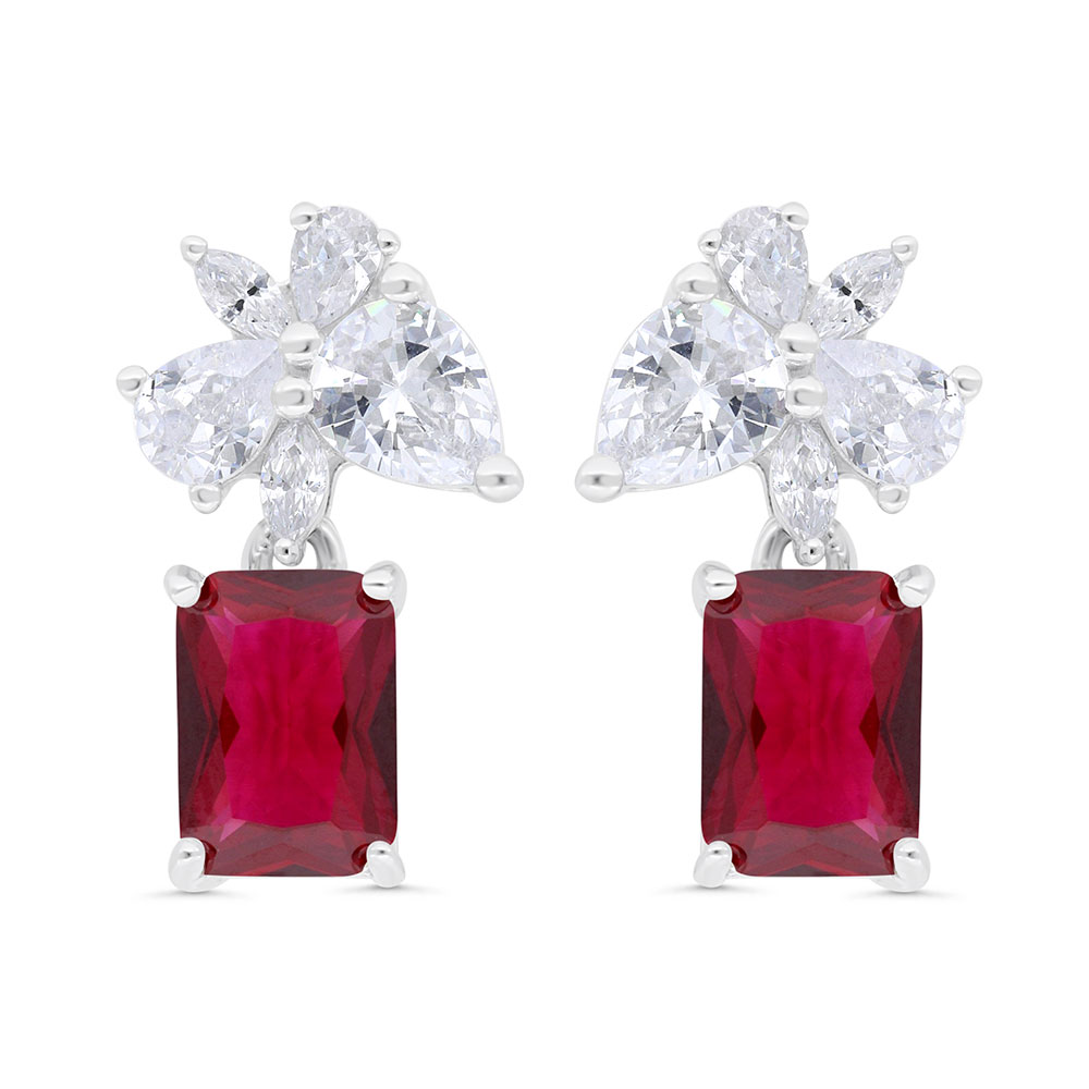Sterling Silver 925 Earring  Rhodium Plated Embedded With Ruby Corundum And White Zircon