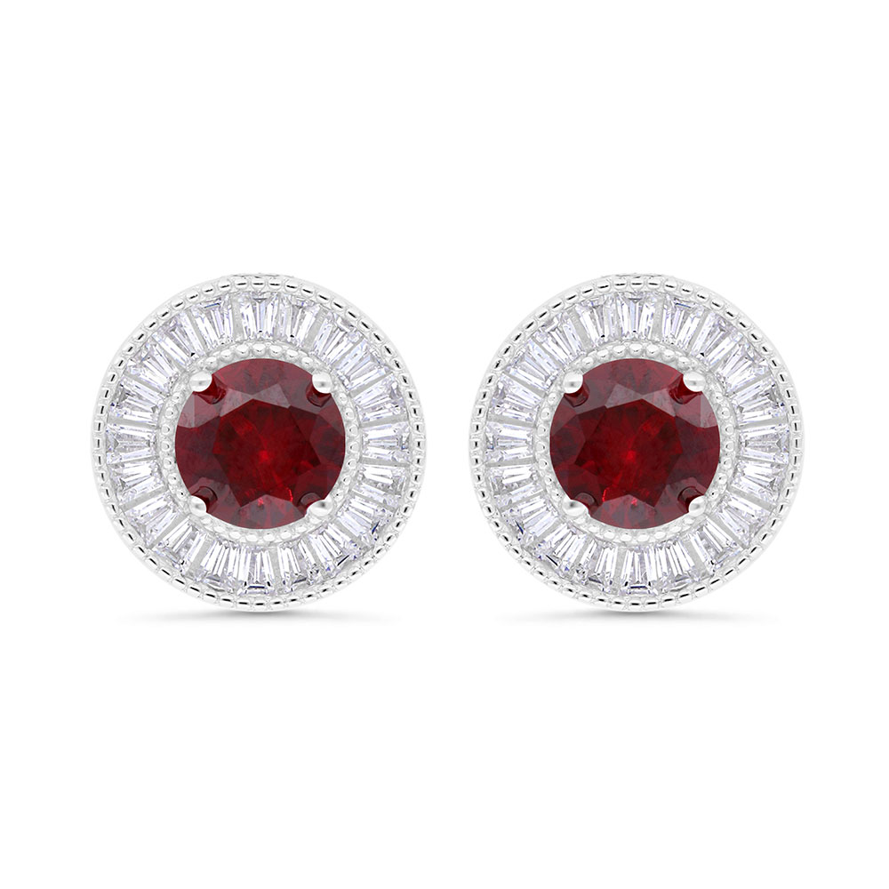 Sterling Silver 925 Earring  Rhodium Plated Embedded With Ruby Corundum And White Zircon