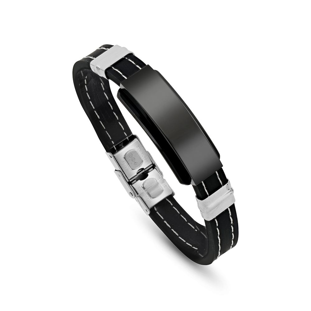 Stainless Steel 304L Bracelet, Silver And Black Plated Embedded With Black Leather For Men