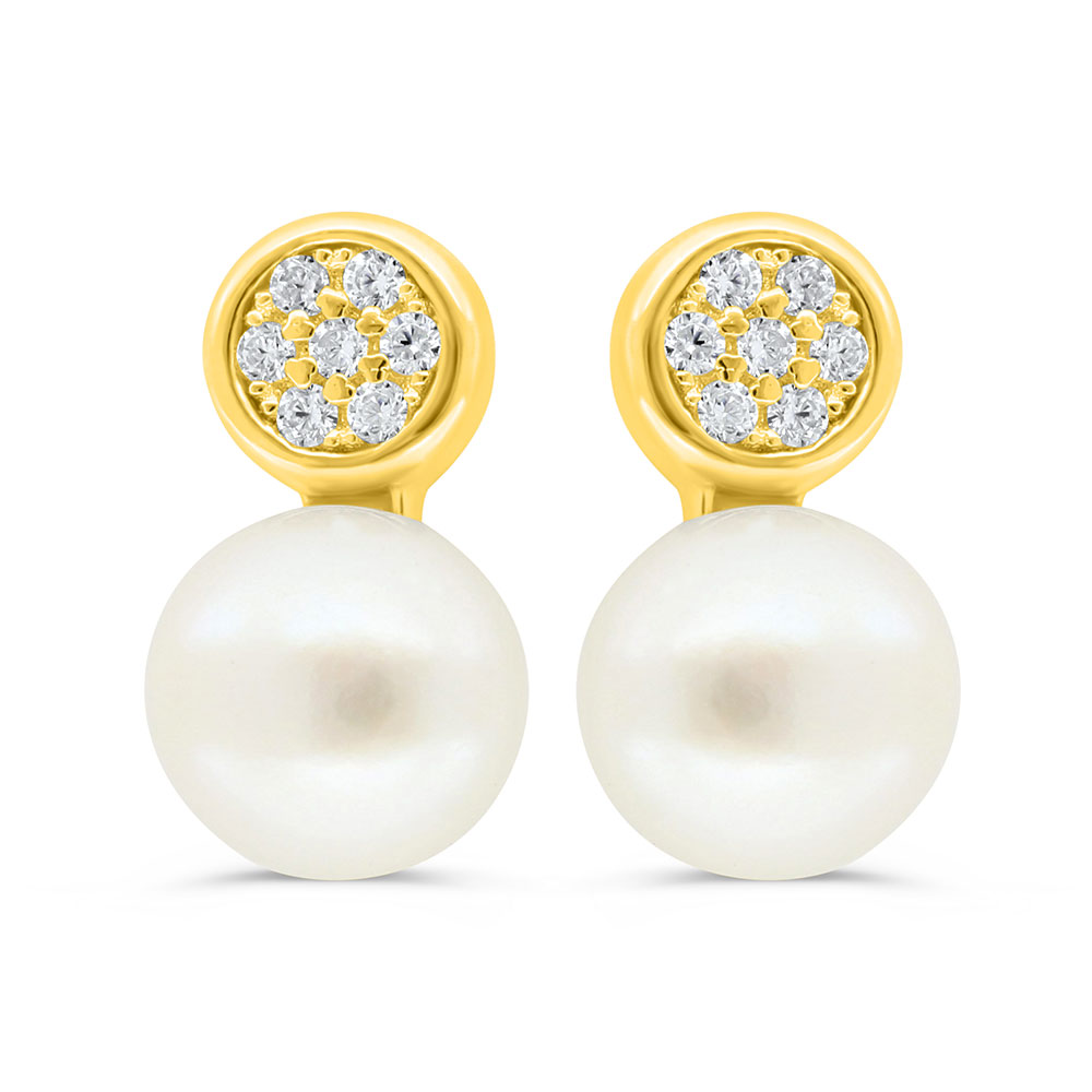 Sterling Silver 925 Earring Golden Plated Embedded With White Shell Pearl And White Zircon