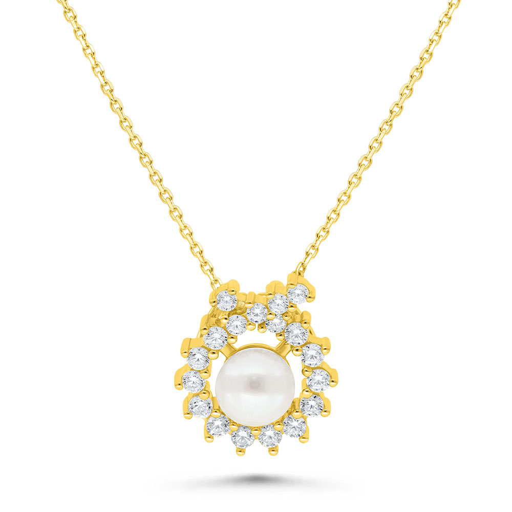 Sterling Silver 925 Necklace Golden Plated Embedded With White Shell Pearl And White Zircon