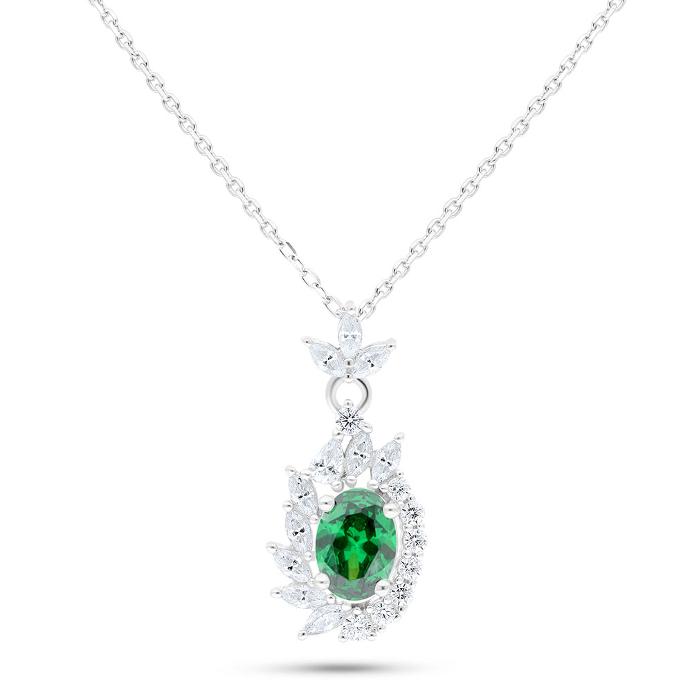 Sterling Silver 925 Necklace Rhodium Plated Embedded With Emerald Zircon And White Zircon