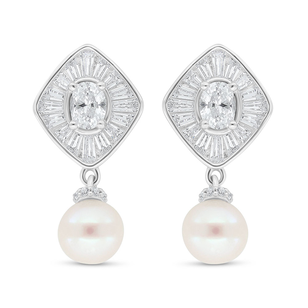Sterling Silver 925 Earring Rhodium Plated Embedded With Fresh Water Pearl And White Zircon