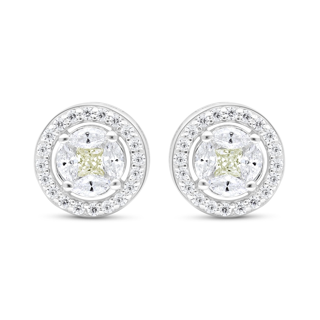 Sterling Silver 925 Earring Rhodium Plated Embedded With Yellow Diamond And White Zircon