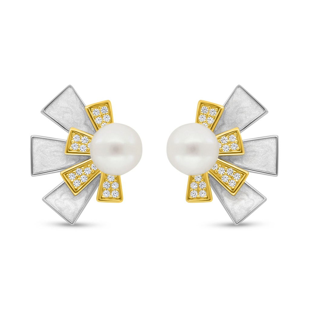 Sterling Silver 925 Earring Rhodium And Golden Plated Embedded With Fresh Water Pearl And White Shell And White Zircon