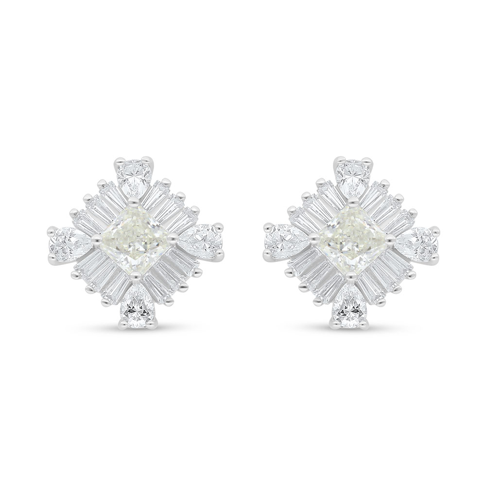 Sterling Silver 925 Earring Rhodium Plated Embedded With Yellow Diamond And White Zircon