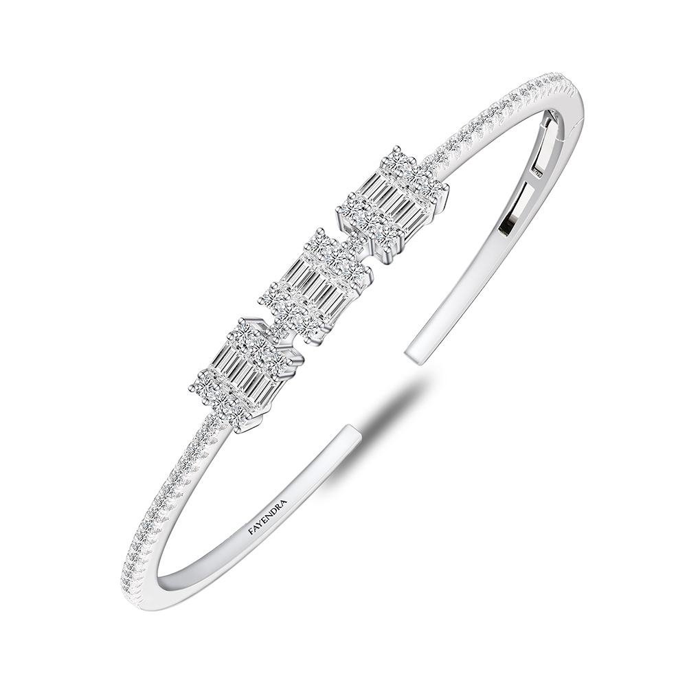 Sterling Silver 925 Bangle Rhodium Plated Embedded With White Zircon