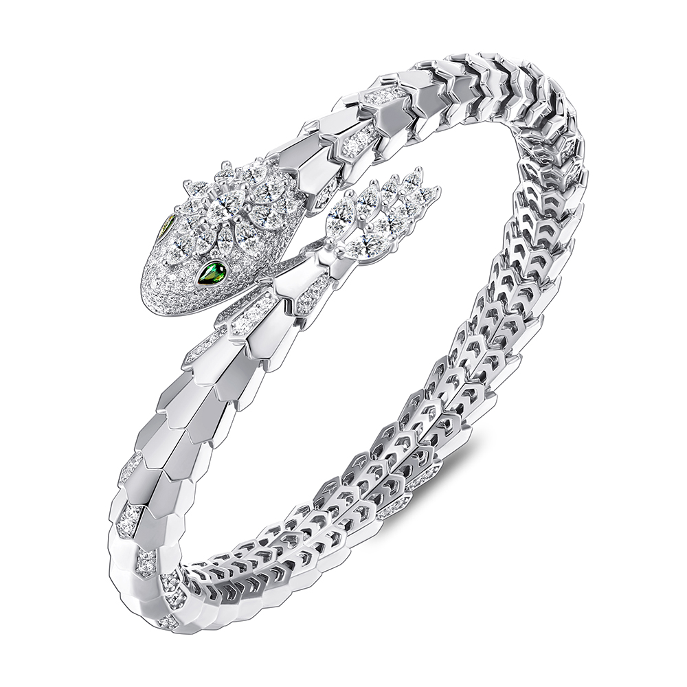 Sterling Silver 925 Bangle Rhodium Plated Embedded With Emerald Zircon And White Zircon