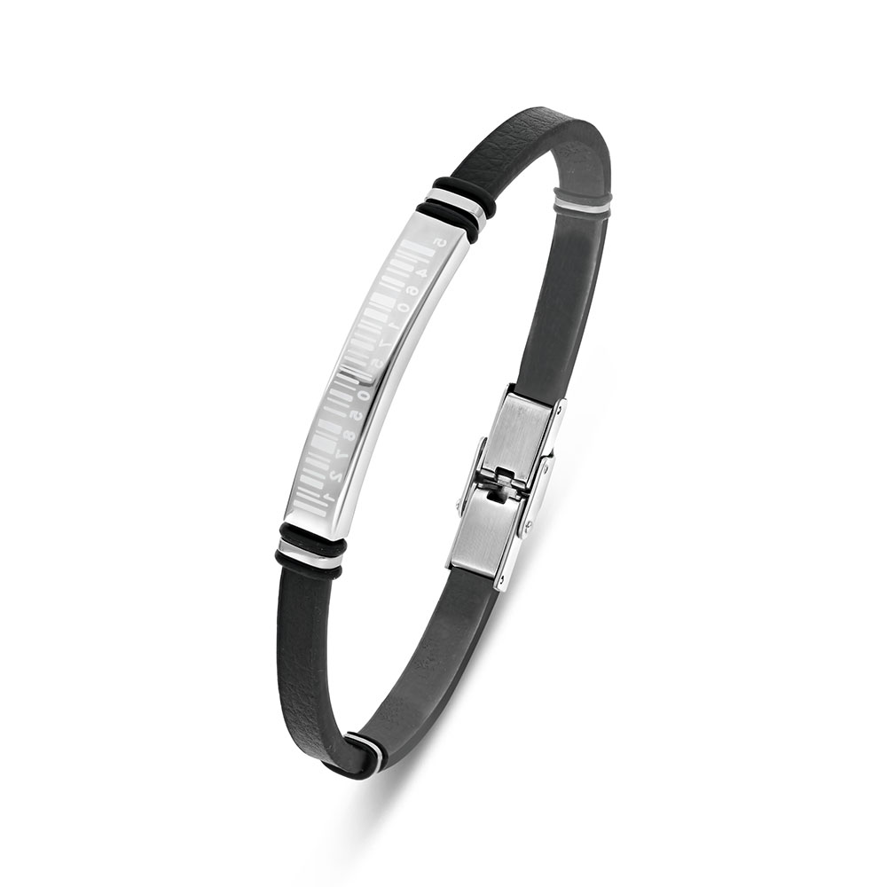 Stainless Steel Bracelet 316L And 304L Silver And Black Plated With Black Leather 