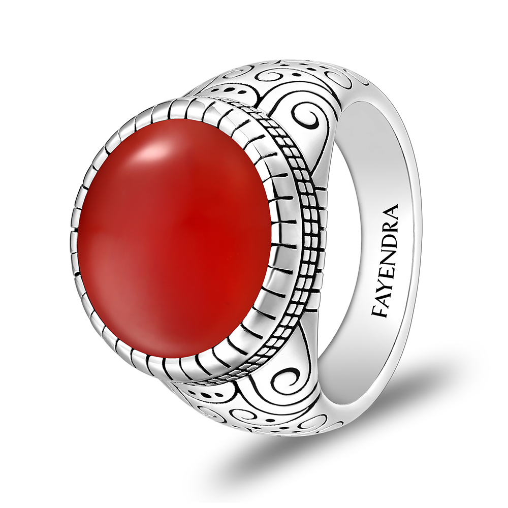 Sterling Silver 925 Ring Rhodium Plated Embedded With Red AGATE