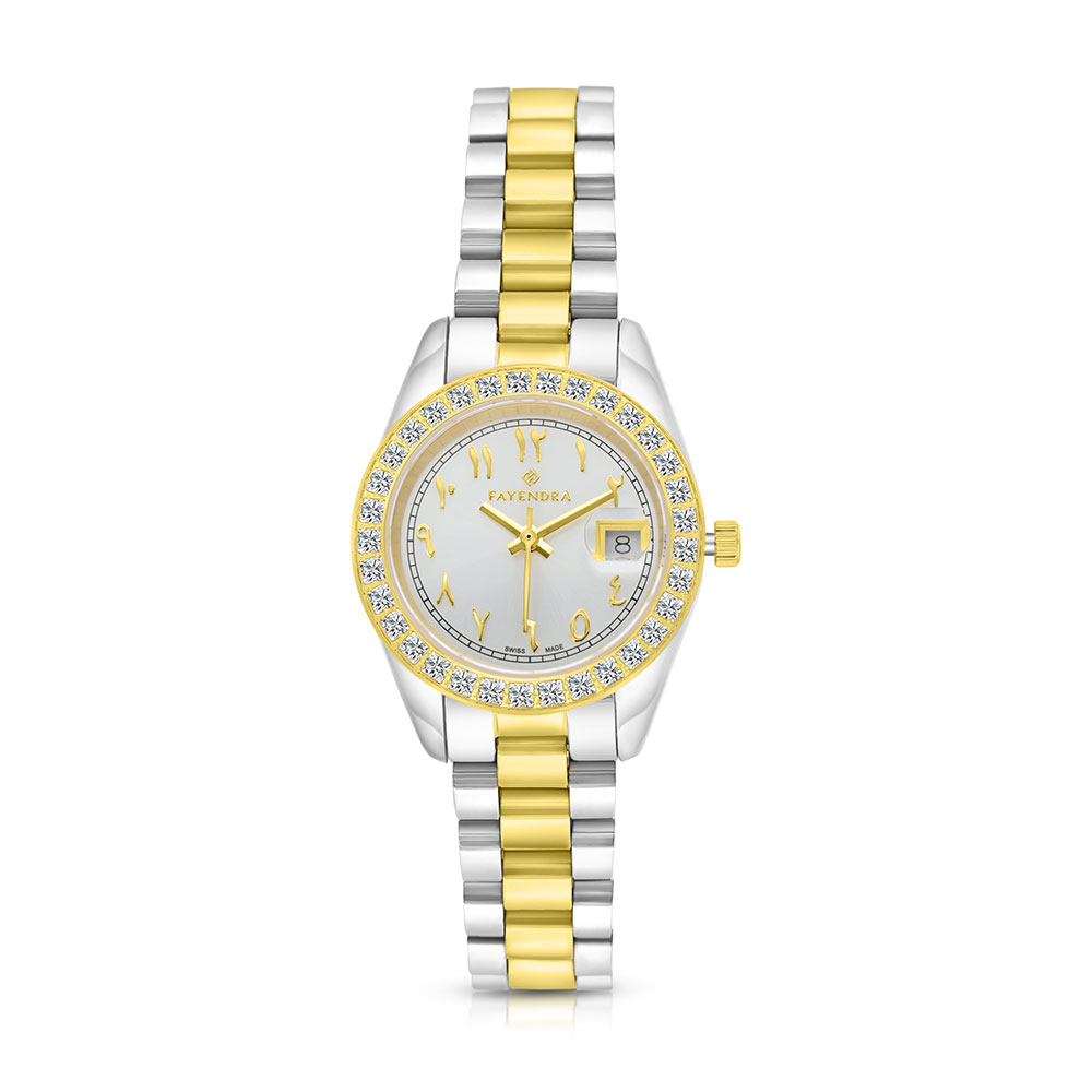 Stainless Steel 316 Watch Steel And Golden Color Embedded With White Zircon - SILVER DIAL