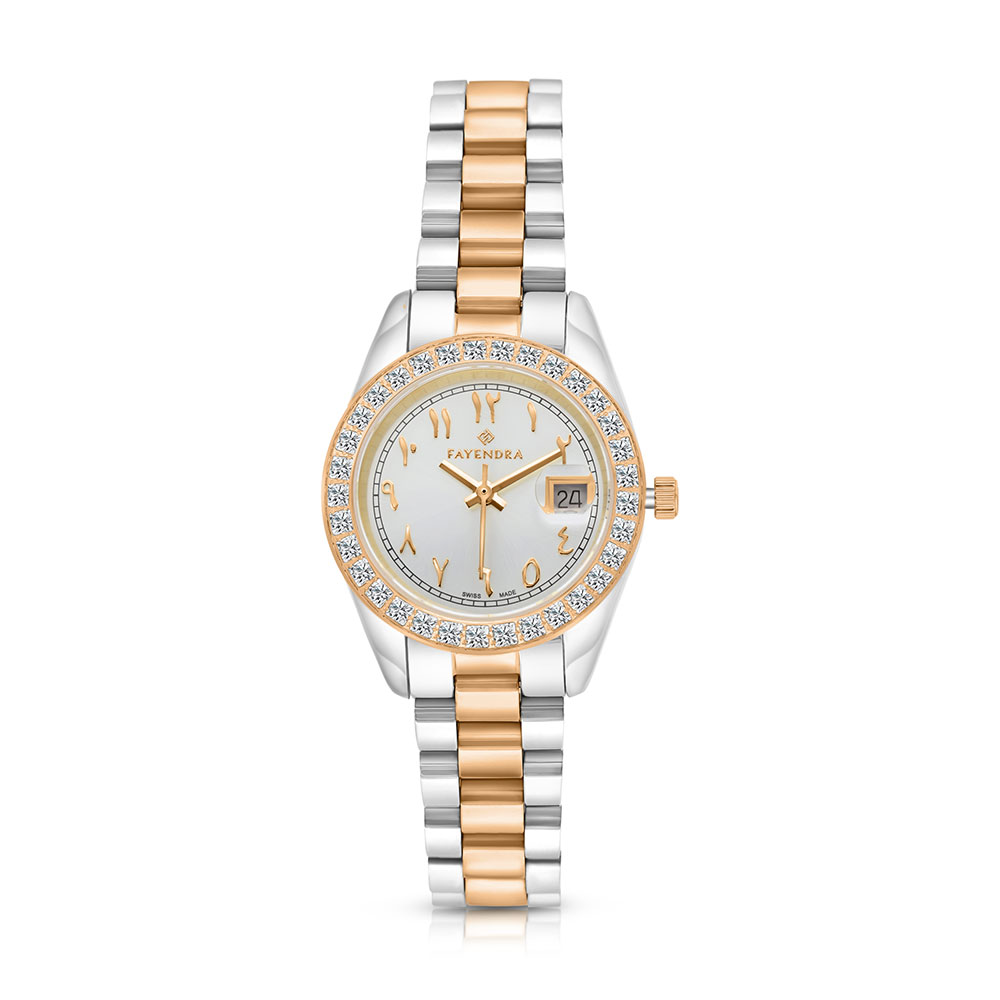 Stainless Steel 316 Watch Steel And Rose Gold Color Embedded With White Zircon - SILVER DIAL