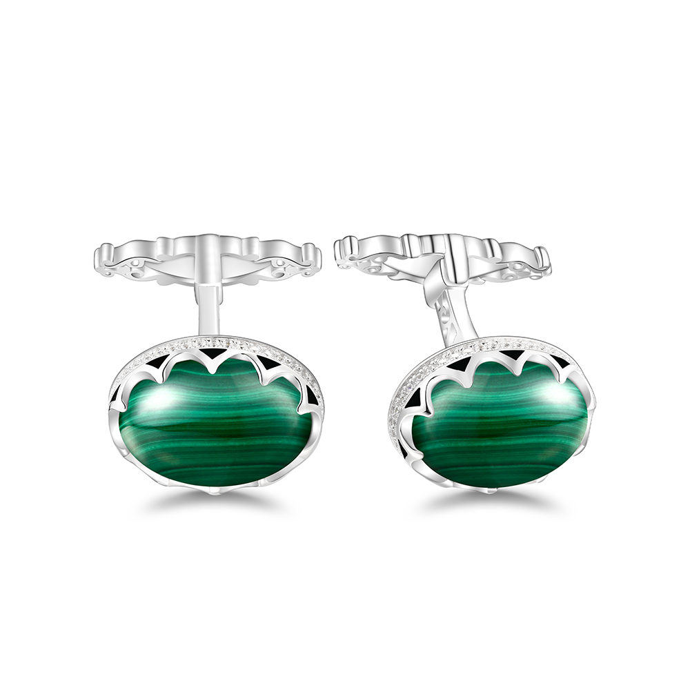 Sterling Silver 925 Cufflink Rhodium Plated Embedded With Malachite And White CZ