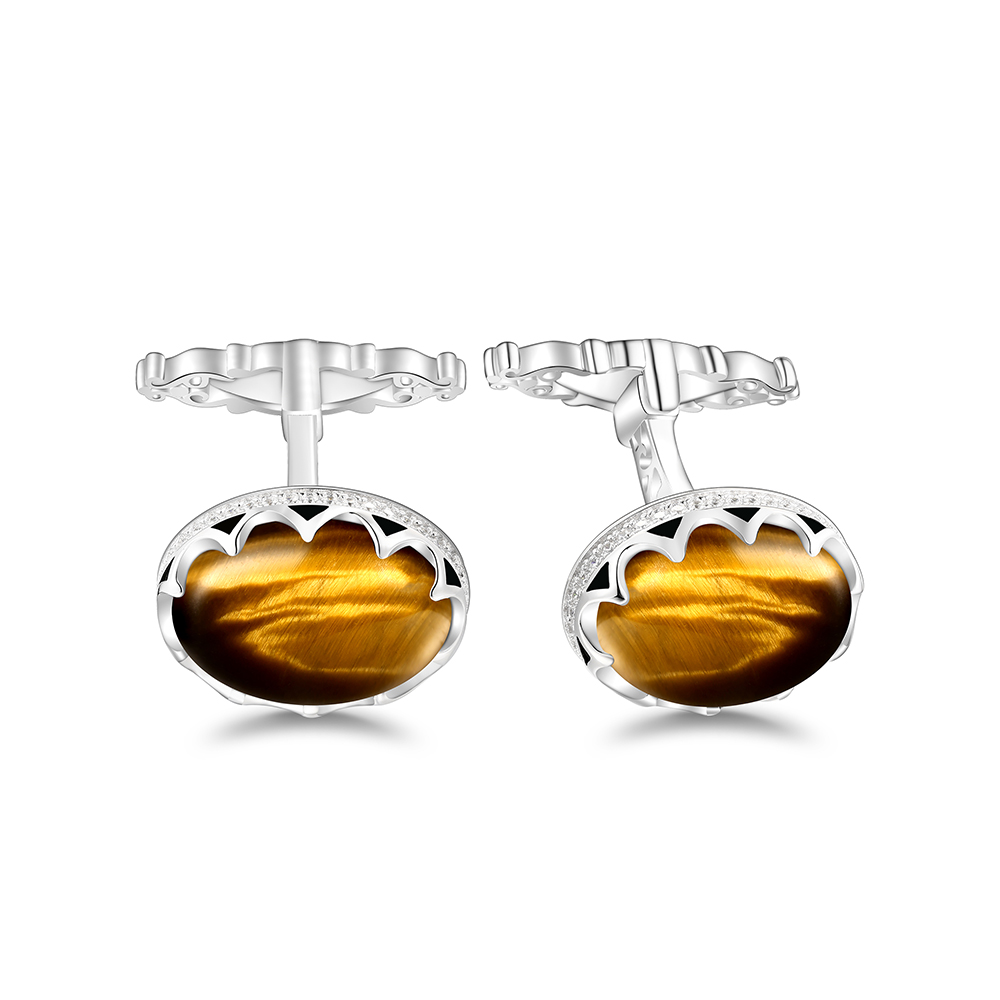 Sterling Silver 925 Cufflink Rhodium Plated Embedded With Yellow Tiger Eye And White CZ
