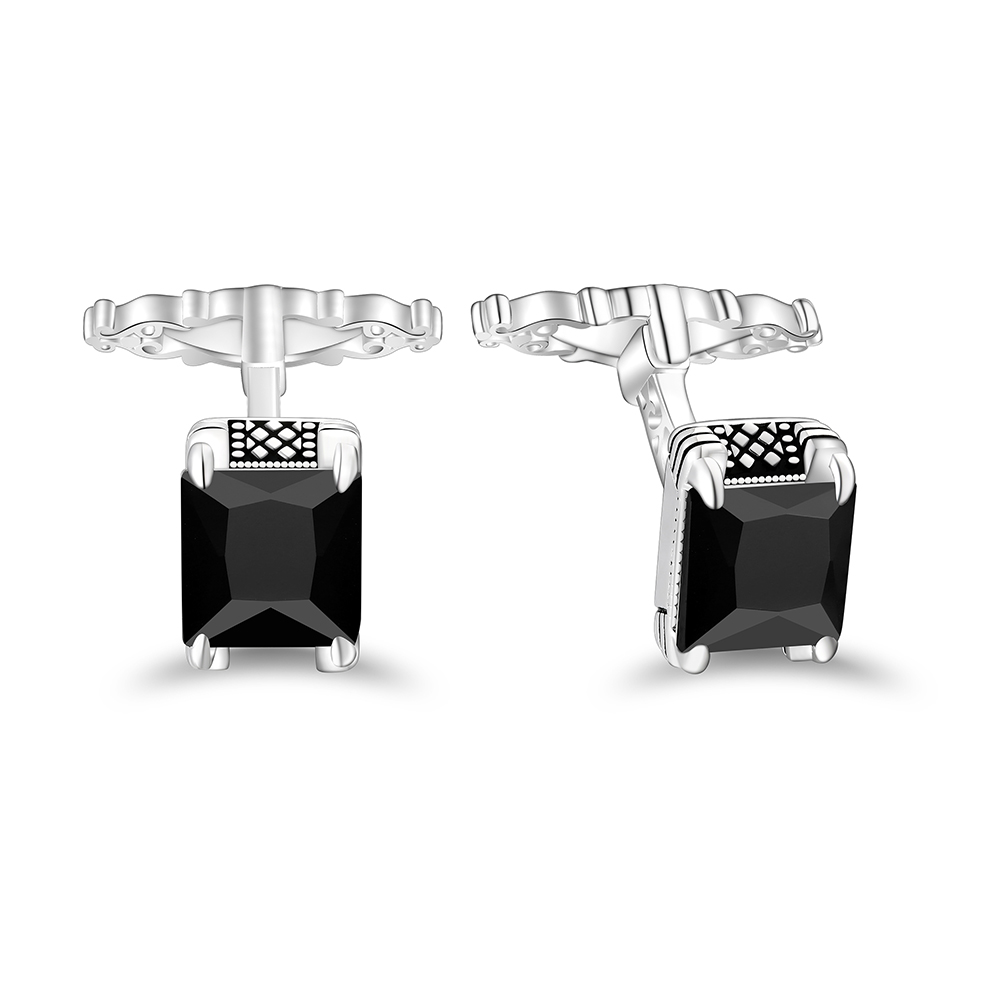 Sterling Silver 925 Cufflink Rhodium Plated Embedded With Black Spinal