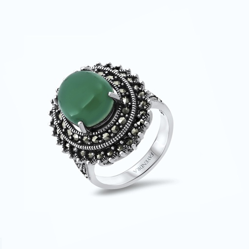 Sterling Silver 925 Ring Natural Green Agate Marcasite Stones