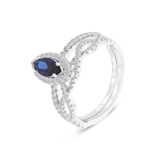 Sterling Silver 925 Ring (Twins) Rhodium Plated Sapphire Corundum 
