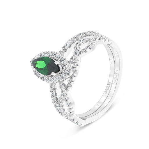 Sterling Silver 925 Ring (Twins) Rhodium Plated Emerald