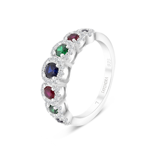 Sterling Silver 925 Ring Rhodium Plated Sapphire Corundum , Ruby Corundum , Emerald Zircon