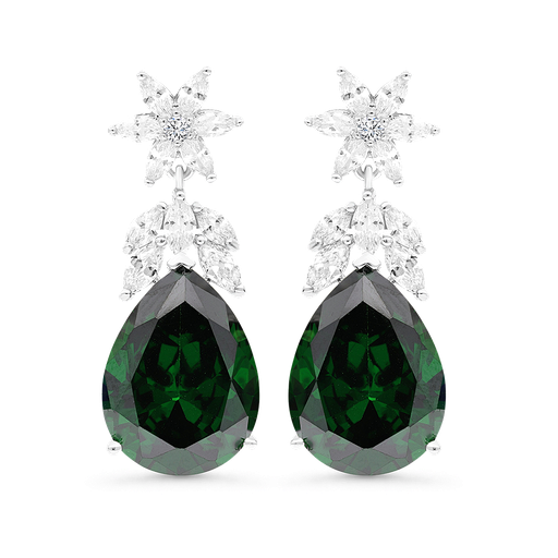 [EAR01EMR00WCZB357] Sterling Silver 925 Earring Rhodium Plated Embedded With Emerald