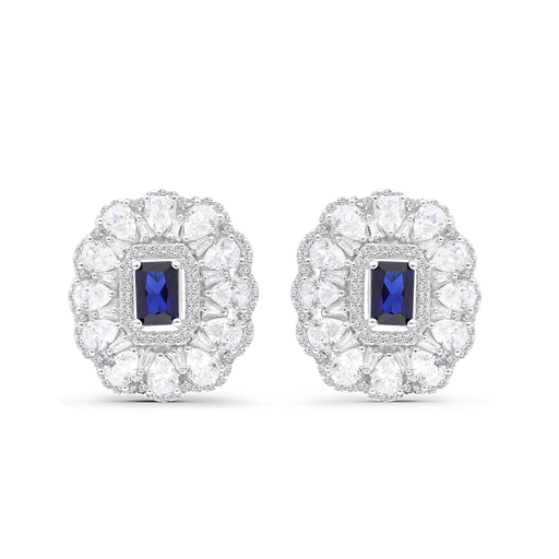 [EAR01SAP00WCZB374] Sterling Silver 925 Earring Rhodium Plated Embedded With Sapphire Corundum
