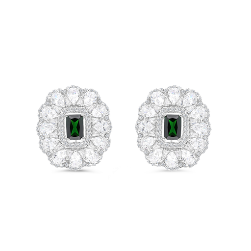 [EAR01EMR00WCZB374] Sterling Silver 925 Earring Rhodium Plated Embedded With Emerald