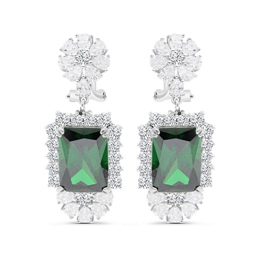 [EAR01EMR00WCZB378] Sterling Silver 925 Earring Rhodium Plated Embedded With Emerald
