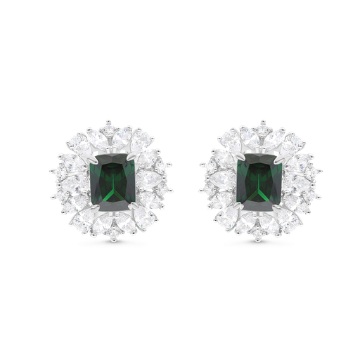 [EAR01EMR00WCZB379] Sterling Silver 925 Earring Rhodium Plated Embedded With Emerald