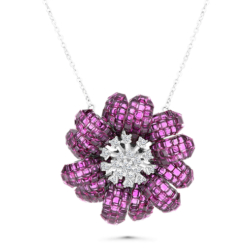 [NCL30RUB00WCZA516] Sterling Silver 925 Necklace Rhodium Plated Embedded With Ruby Corundum