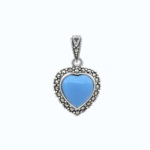 [PND04MAR00TRQA311] Sterling Silver 925 Pendant Embedded With Natural Processed Turquoise And Marcasite Stones