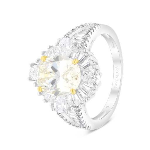 Sterling Silver 925 Ring Rhodium And Gold Plated Embedded With Yellow Zircon