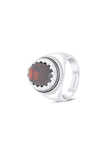 Sterling Silver 925 Ring Rhodium Plated Embedded With Garnet CZ For Men And White CZ
